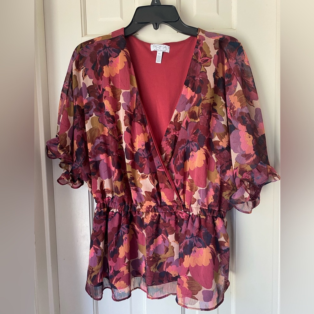 Women’s Size XL Red Maroon Purple Orange Floral Print Blouse by Sofia